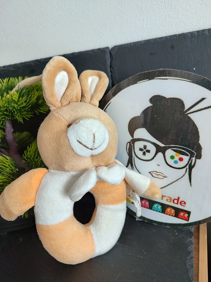 doudou hochet lapin grelot blanc orange marron gerca noeud papillon ancien 3122