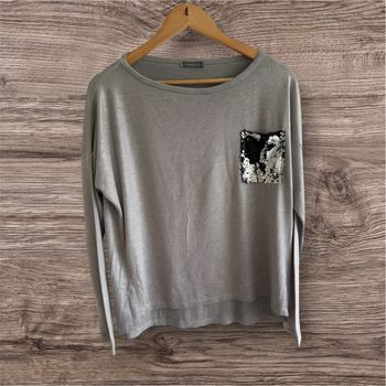 Blouse manches longues gris argenté avec strass noir made in italy taille 40 L