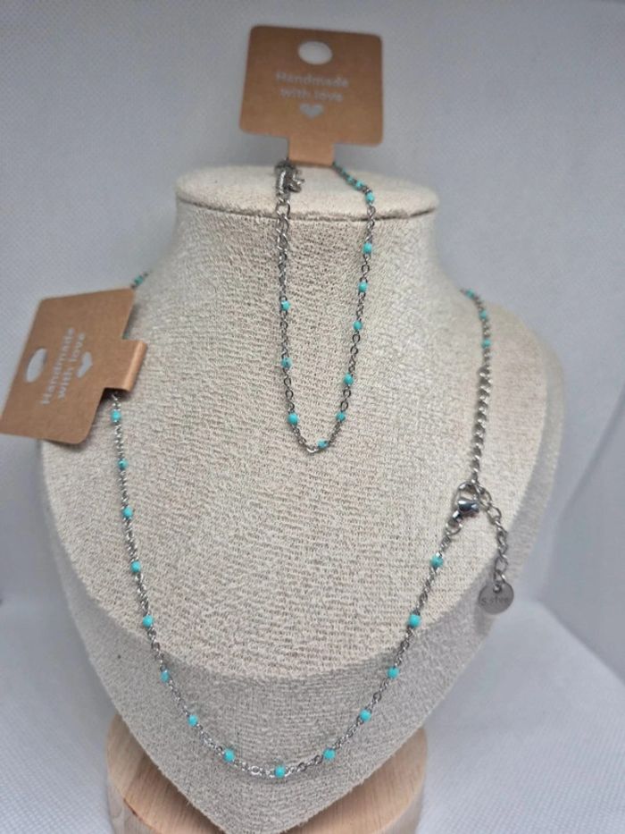 Parure argenté de 2 bijoux : 1 collier et 1 bracelet perles turquoise 🌸 Acier inoxydable