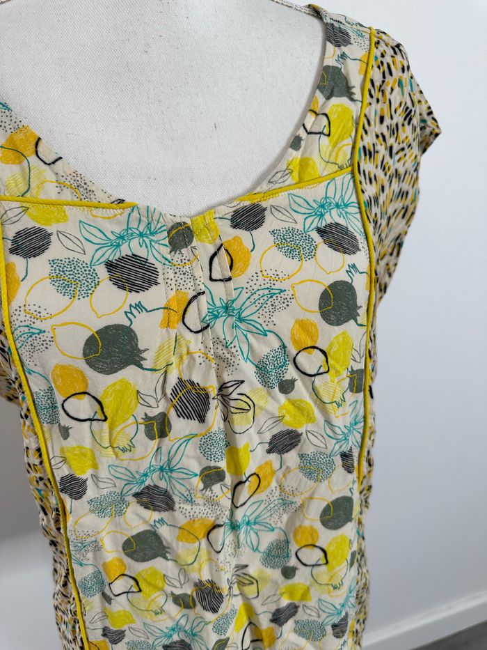Blouse bariolée jaune et beige crème imprimés citrons agrumes T36 S - photo numéro 3