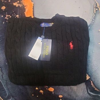 Pull torsadé col rond Polo Ralph Lauren noir logo brodé rouge taille XL