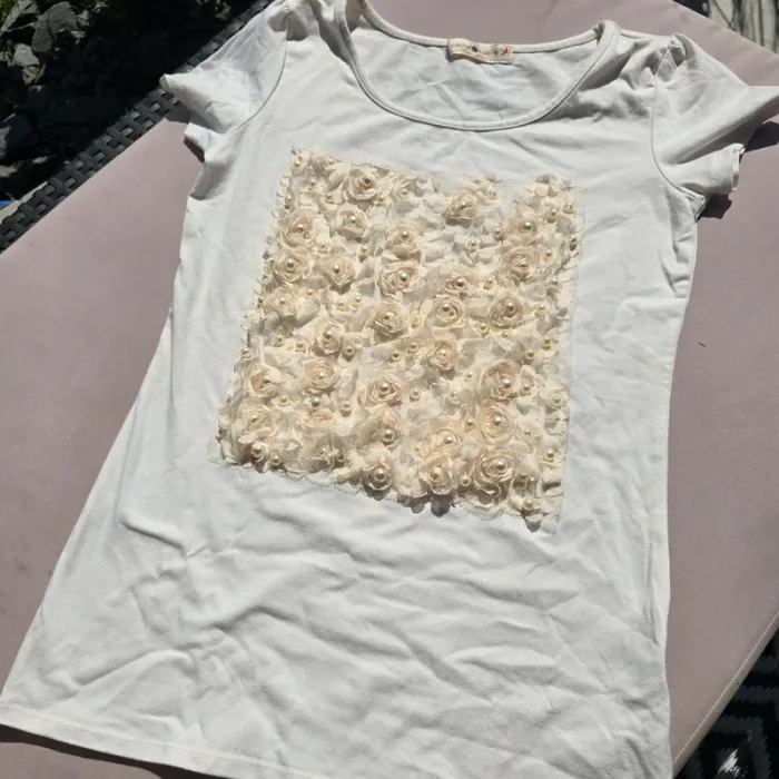 Tee shirt perles blanc cassé cache cache taille s - photo numéro 2