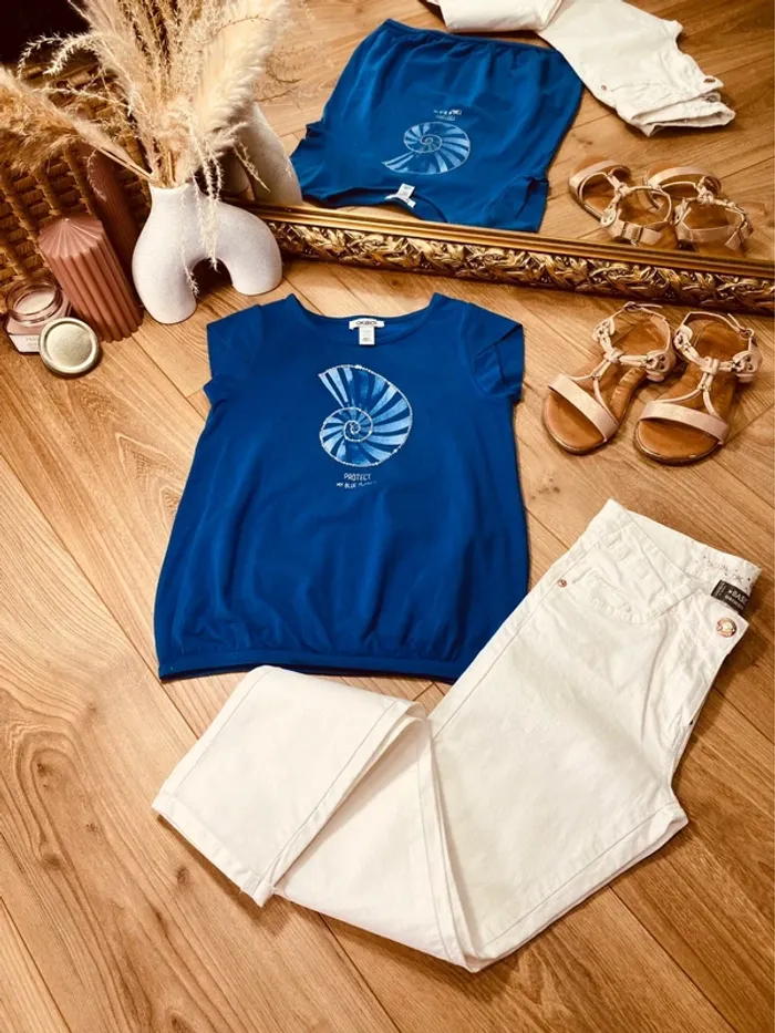 Taille 8 ans tenue 2 pièces fille Okaidi Orchestra bleue blanche * escargot * 🌸