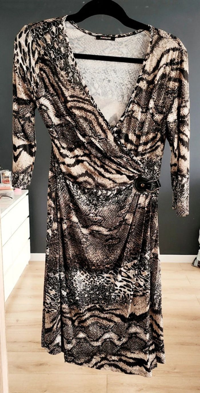 Robe cache-coeur manches 3/4 serpent marron noir beige taille M Morgan - photo numéro 2