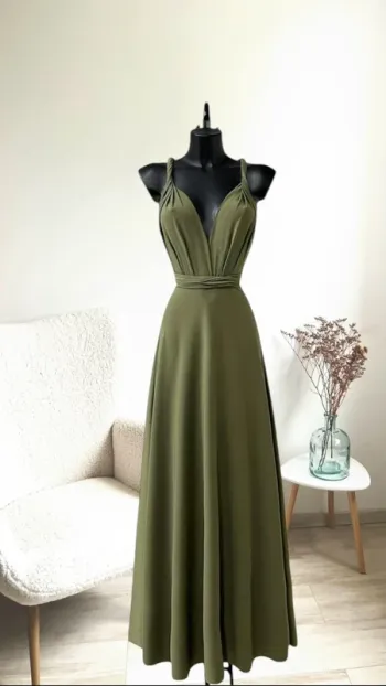 Sublime robe longue kaki dos nu fabrication française