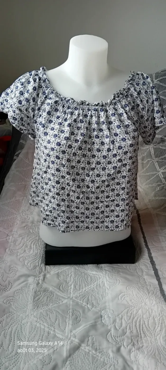 Blouse courte large col Bardot elastique potif fleurs bleu femme 38 clockhouse - photo numéro 5