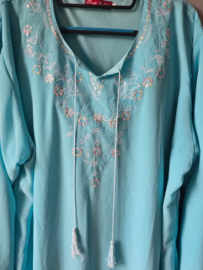 Ensemble pantalon + tunique longue bleu turquoise - photo numéro 3
