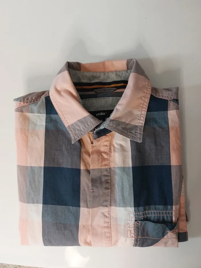 Chemise manche courte à carreaux corail et bleu "Celio" - photo numéro 3