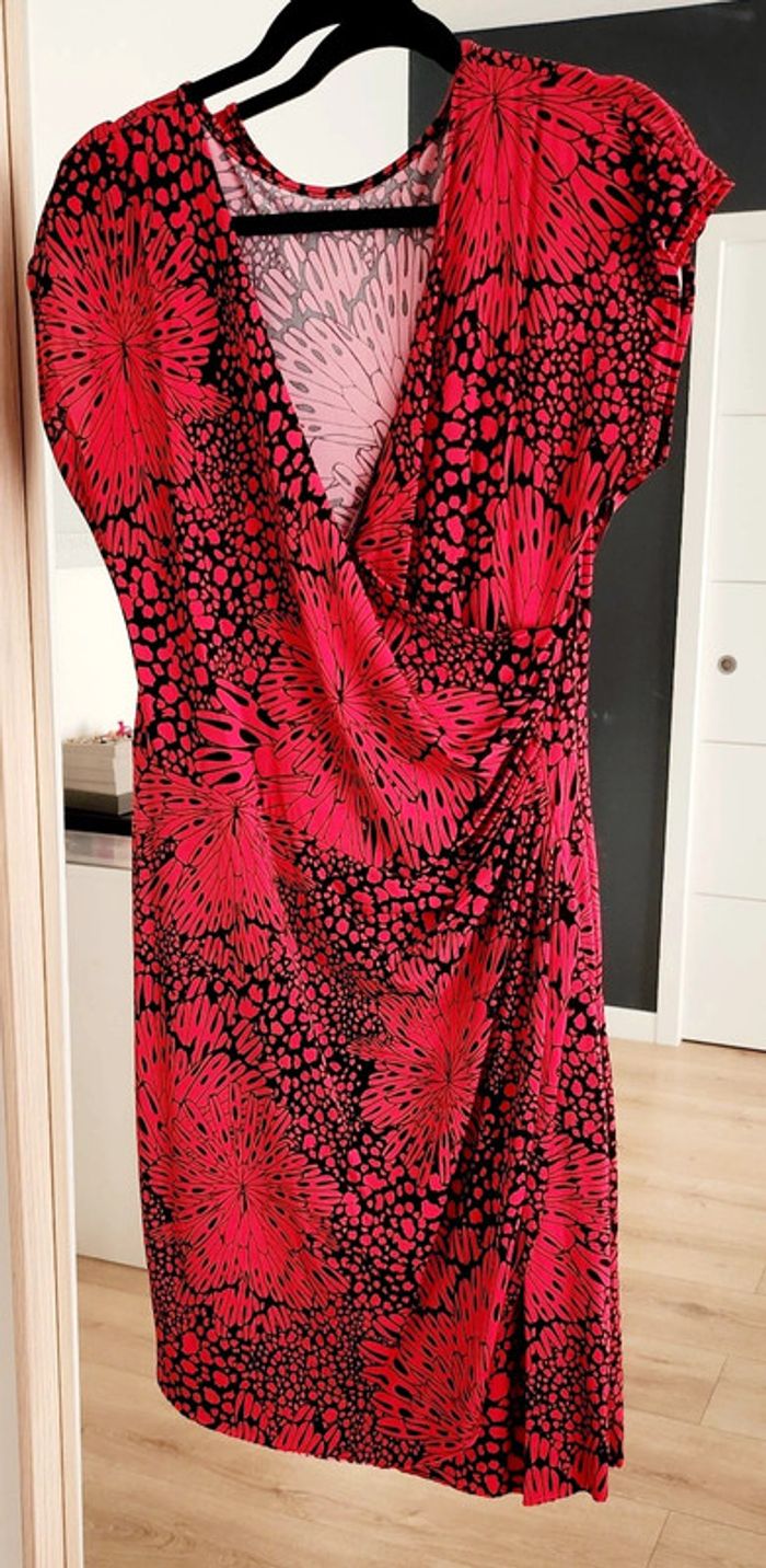 Robe drapée cache-coeur manches courtes noire et rouge taille L Jacqueline Riu