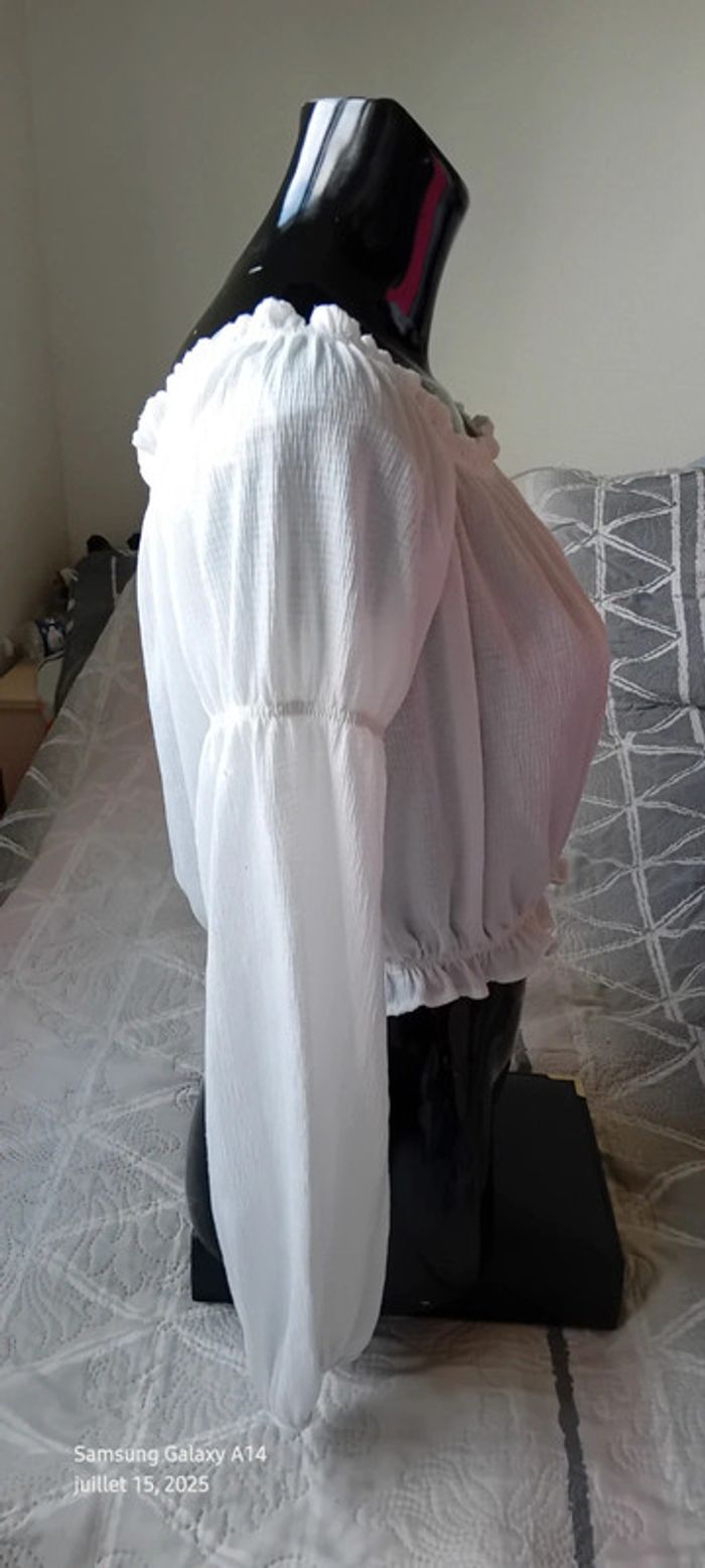 Blouse courte col Bardot elastique aspect plissé blanc femme L bershka - photo numéro 3