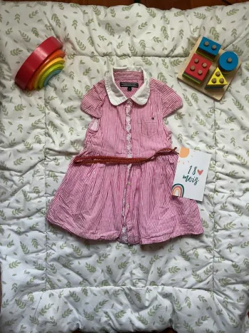 robe manches courtes rayé rose et blanc avec ceinture poche poitrine tommy hilfiger 18 mois