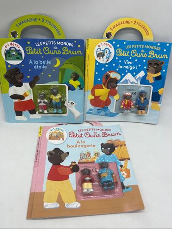 Lot de 3 livres magazines les petits mondes de Petit ours brun avec ces figurines Neuf
