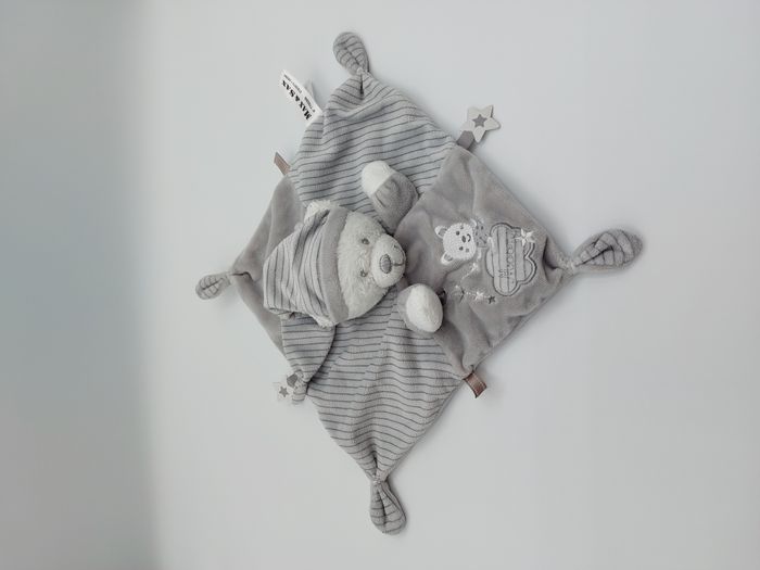Doudou plat ours gris blanc MOON MAX & SAX Carrefour rayures bonnet étoiles TBE