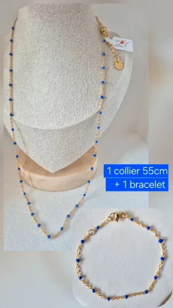Parure de 2 bijoux : 1 collier 50cm + 5 cm et 1 bracelet 🌸 en acier inoxydable perles bleu
