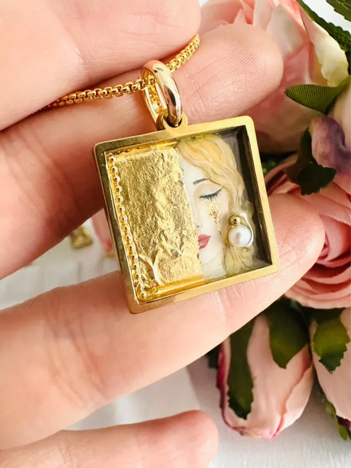 🥲Collier artisanal unique avec perle d’eau douce naturelle – inspiré de Gustav Klimt - photo numéro 6