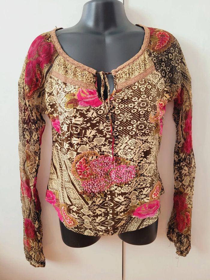 Tee shirt blouse beige motifs fleurs rose paillettes strass taille S 36 marron René Derhy - photo numéro 2
