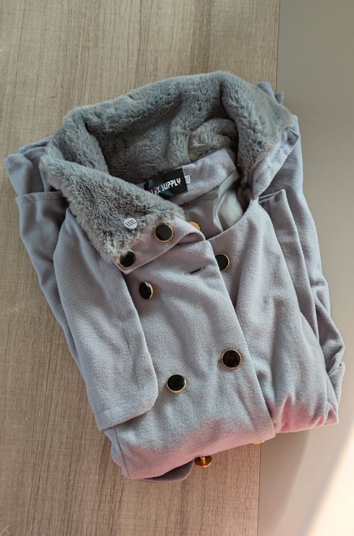 Manteau femme gris 3XL neuf col laine avec ceinture hiver - photo numéro 8