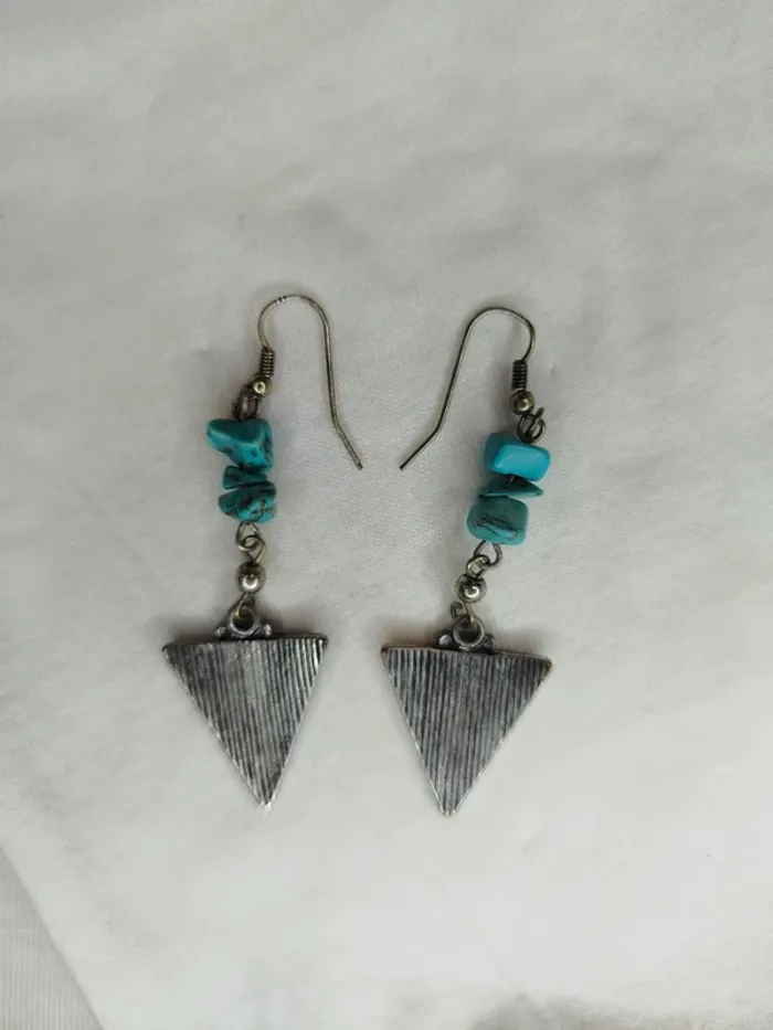 Boucle d'oreille pendantes motifs aztèque - pierre turquoise triangle - photo numéro 3