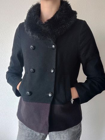 Manteau caban noir violet laine col fausse fourrure / Etam - 34XS à 36/S