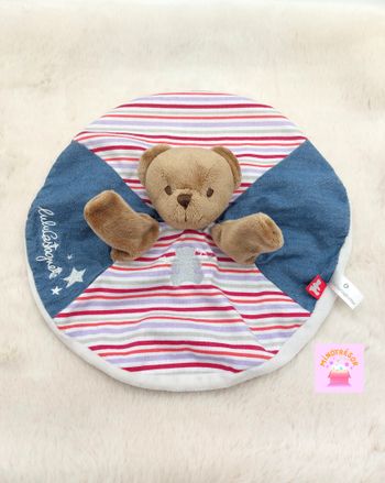 Doudou plat rond ours marron bleu jean LULU Castagnette marionnette JEMINI