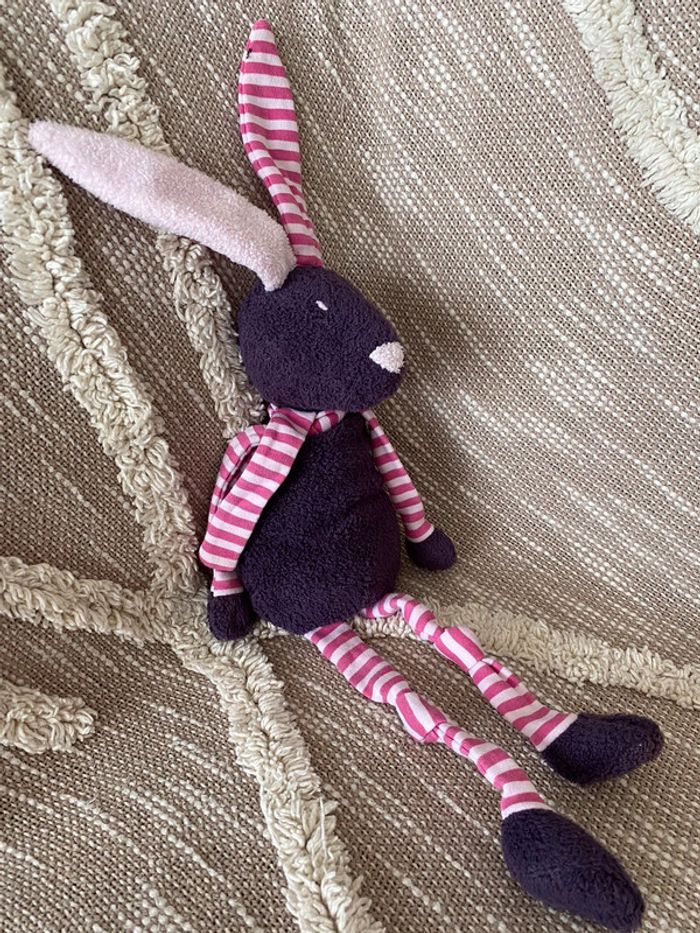 Peluche doudou 34cm bout’chou lapin violet et rose rayé très bon état - photo numéro 3