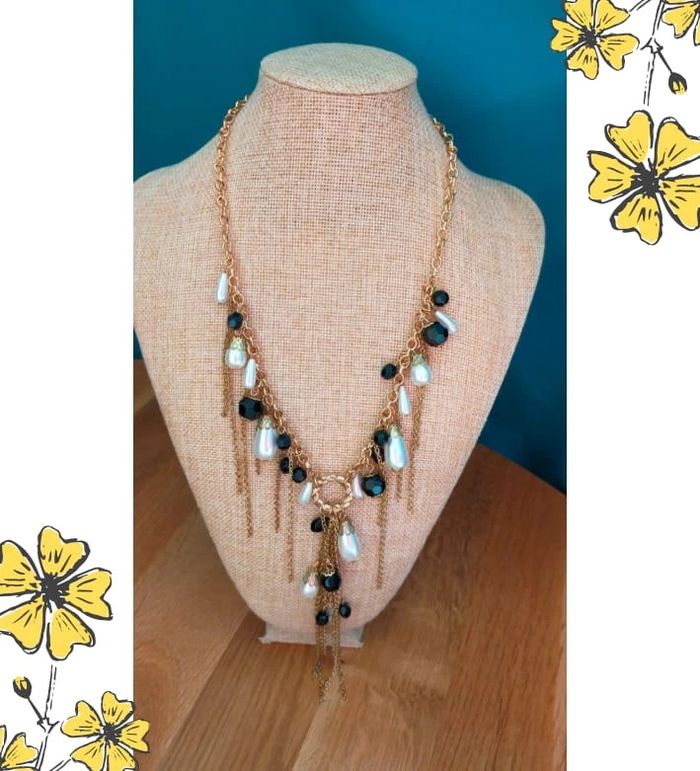 Collier chaîne dorée à pampilles noires & perles nacrées - photo numéro 19