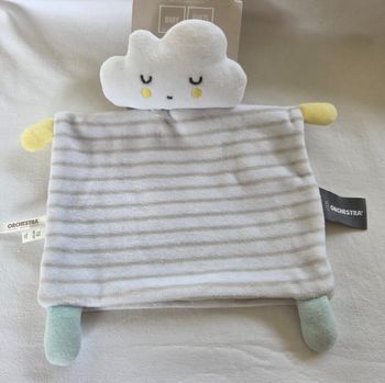 Doudou nuage plat rectangle blanc et taupe rayé- Orchestra