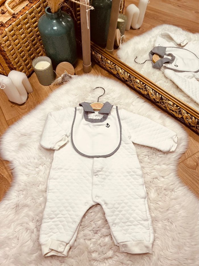 Taille 1 mois salopette barboteuse molletonné garçon blanche * col bavoir * 💙