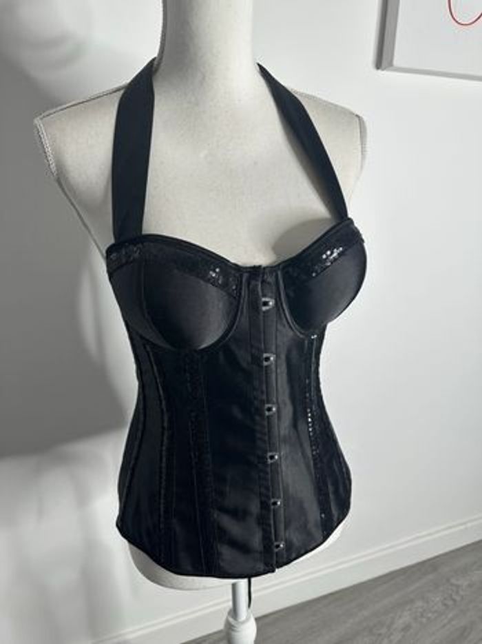 Body Corset noir cabaret en satin et sequins T38 M - photo numéro 5