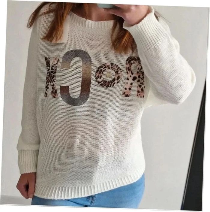 Pull maille fine blanc et leopard