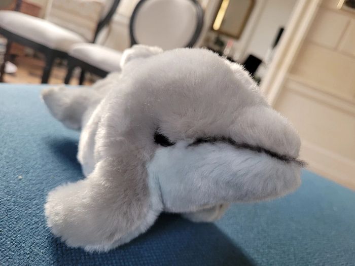 Dauphin en peluche Steiff 25cm collection doudou gris bleu blanc saute océan mer etiquette