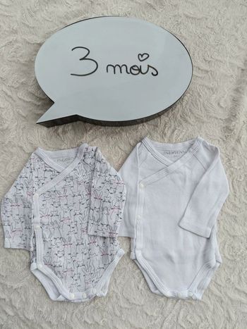 Lot de 2 bodies croisés manches longues Fille 3 mois souris lapin chat animaux 100% coton