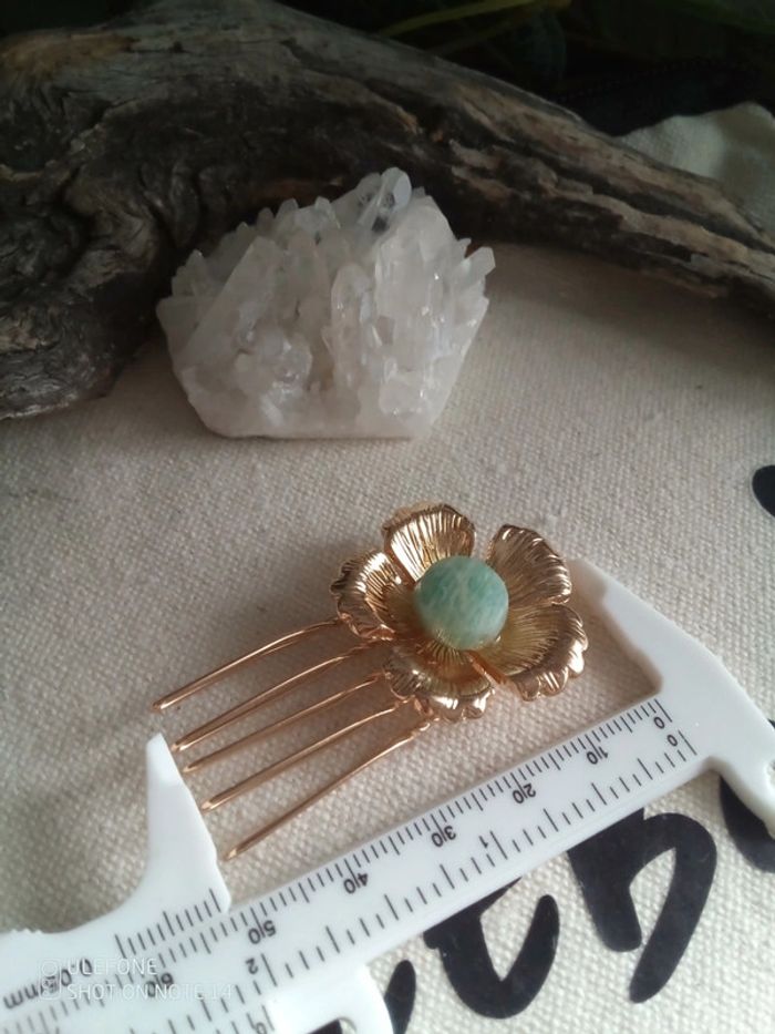 Barrette peigne fleur d'amazonite naturelle - photo numéro 4