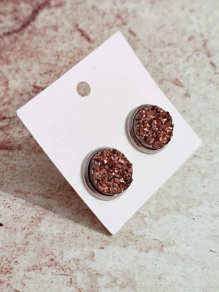 Boucles puces d'oreilles rond quartz cuivre inox 🇨🇵 Fabrication Artisanale - Ø 12mm - photo numéro 2