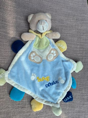 Grand super doudou bleu et vert ours beige, baby nat