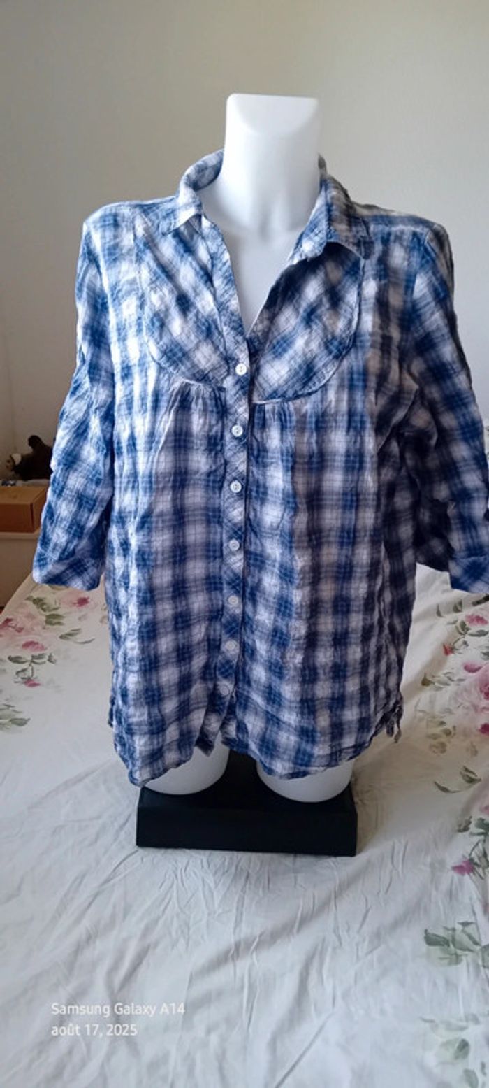 Chemise manches 3/4 ajustables à carreaux col V et boutons bleu femme 48/50 m&s mode - photo numéro 4