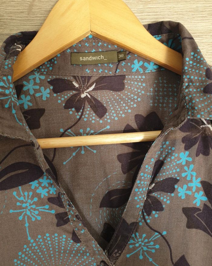 Chemise manches longues brune turquoise fleurie - photo numéro 4