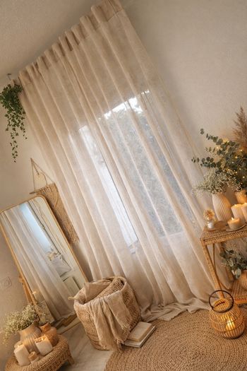 Paire de voilage effet lin beige naturel – style bohème 
