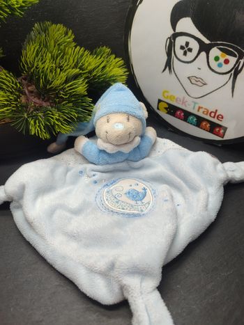 Doudou plat ours bleu oiseau étoile nicotoy bonnet nuit rond blanc Beige Pois