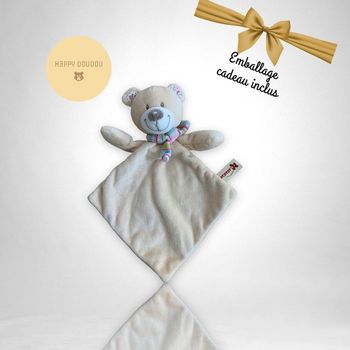 Peluche doudou losange carré  Ours beige echarpe rayures Nicotoy DP128
