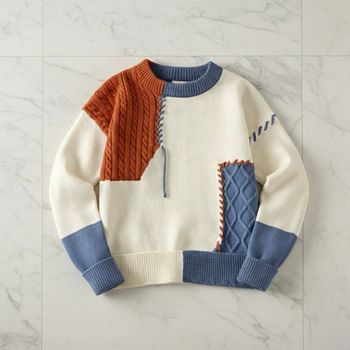 Pull neuf patchwork color-block - Écru avec accents orange bleu - Neuf taille XL/XXL