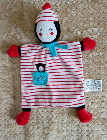 Doudou pingouin rayé coucou les copains
