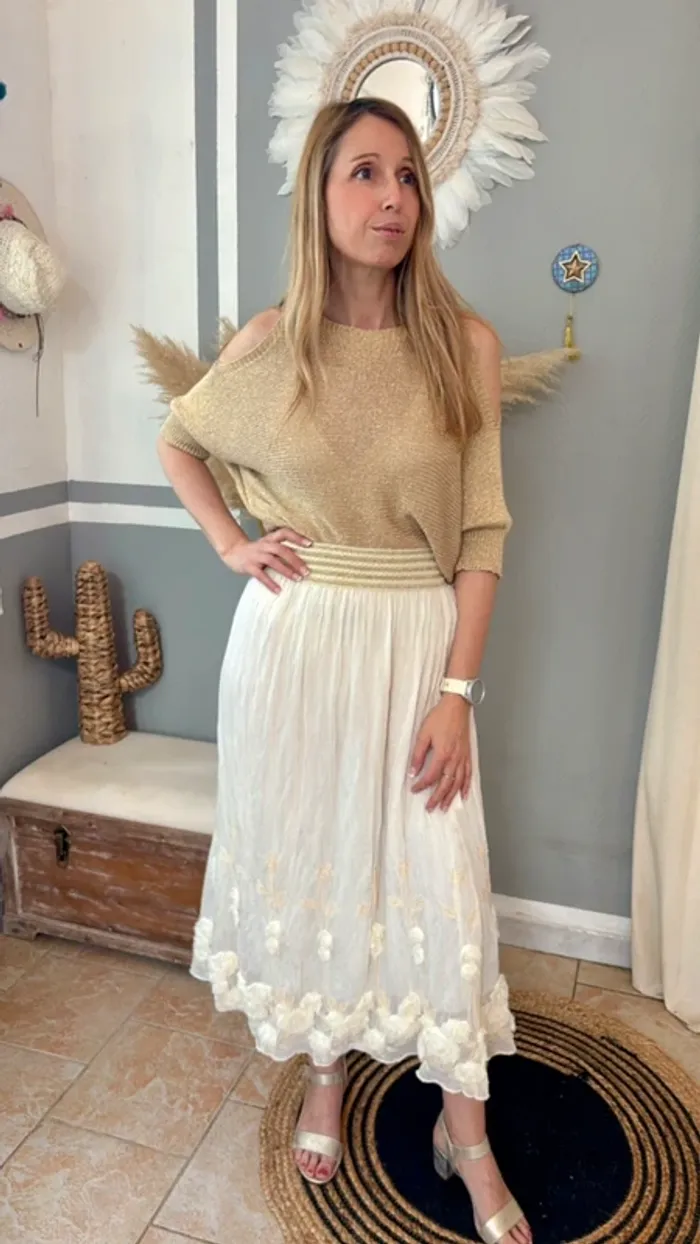 Jupe longue crème bohème avec broderies et fleurs Taille unique