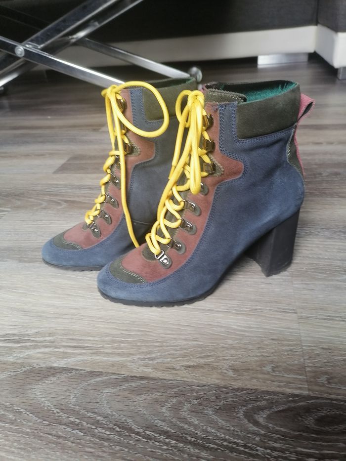 Bottines bleu, noir et bordeaux à talons épais avec lacets jaunes - Taille 39 - Luciano Barachini
