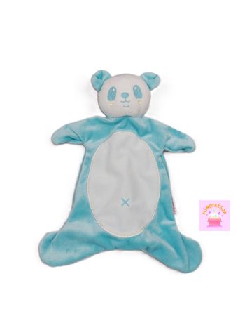 Doudou plat ours panda blanc bleu turquoise croix nombril BRIOCHE LA HALLE