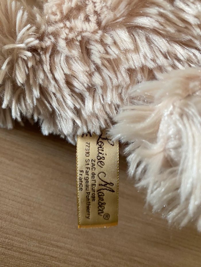 Doudou peluche chien beige long poils noeud carreau allongé Louise mansen - photo numéro 4