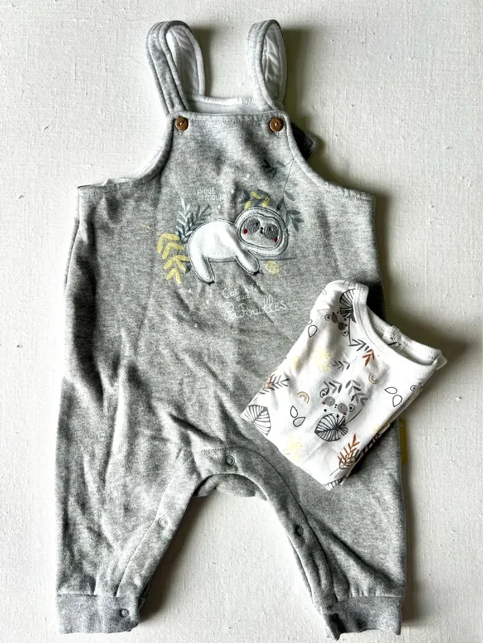 Ensemble Petit Béguin – 12 mois 74 cm - salopette paresseux + tee-shirt manches longues