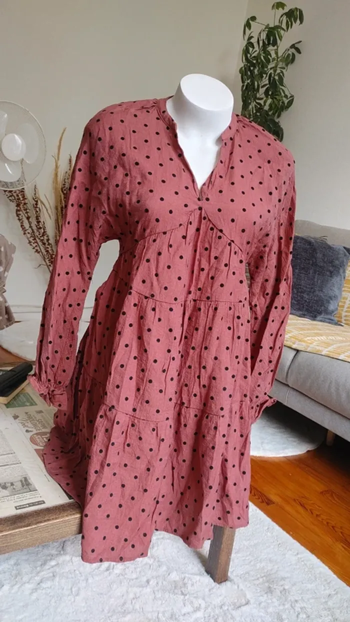 Robe couleur rouille à pois noircasual mini manches longues décolleté - photo numéro 4