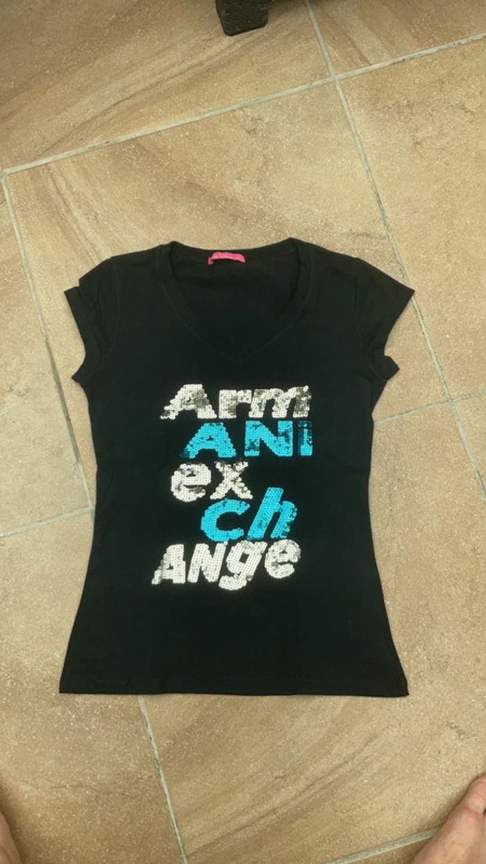 T-shirt noir paillette turquoise et argent NEUF (n°11)