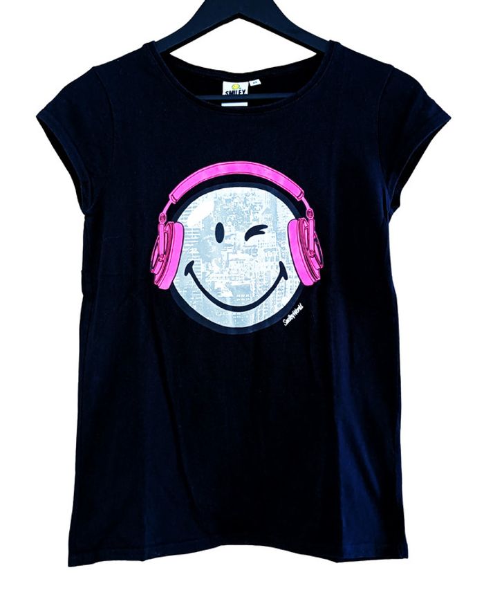 T shirt noir smiley casque audio rose fushia. Coton. Taille XS / 34.